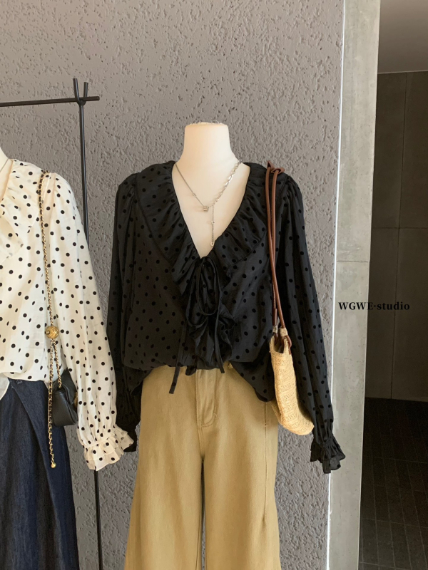 Ženska bluza s vezicama, dugi rukavi, V izrez, straight kroj, jednobojna, poliester, jesen 2025, japansko-korejski casual stil