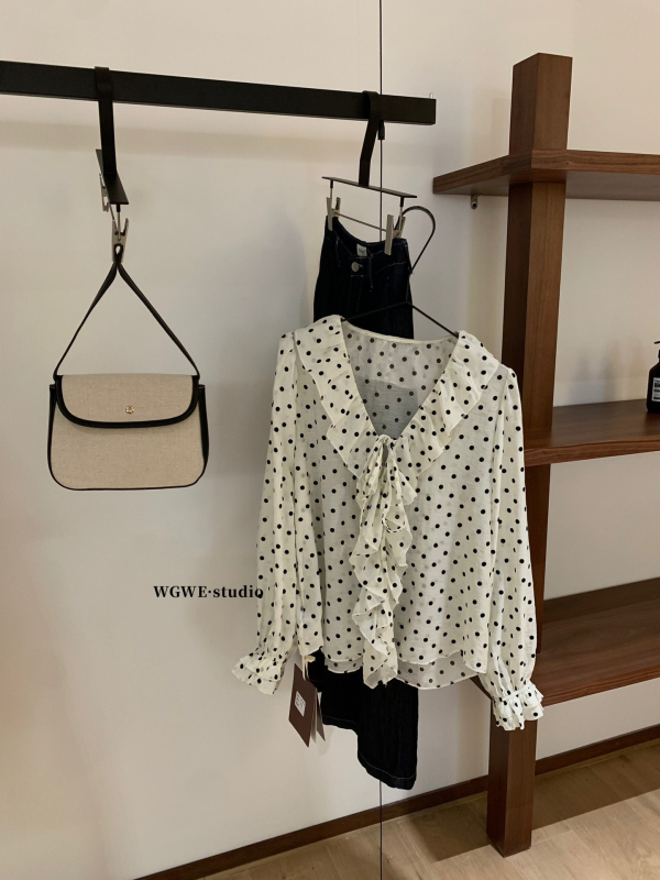 Ženska bluza s vezicama, dugi rukavi, V izrez, straight kroj, jednobojna, poliester, jesen 2025, japansko-korejski casual stil