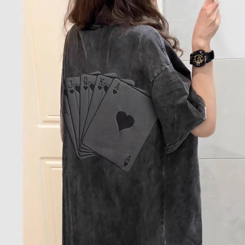 100% pamuk majica s kratkim rukavima, vintage izblijedjela crna, trendy nišni brend, top s otiskom karata za žene