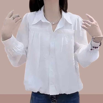 Elegantna ženska košulja, korejski stil mode, 2026, preklopni ovratnik, na gumbe, bijela, opuštena silueta, plus veličina, svestrana košulja