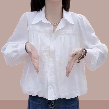 Elegantna ženska košulja, korejski stil mode, 2026, preklopni ovratnik, na gumbe, bijela, opuštena silueta, plus veličina, svestrana košulja