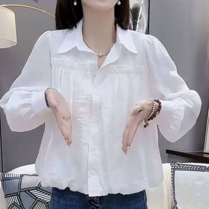 Elegantna ženska košulja, korejski stil mode, 2026, preklopni ovratnik, na gumbe, bijela, opuštena silueta, plus veličina, svestrana košulja