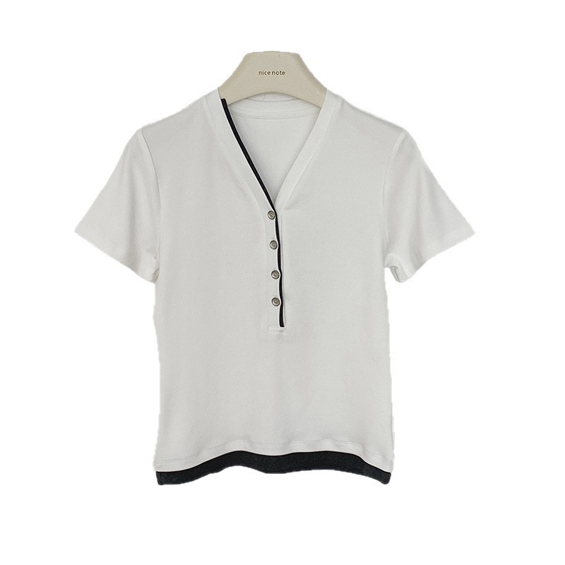 Ženski ljetni T-shirt s V izrezom, uska linija, blok boja, kratki rukavi, lažni dvodijelni top s gumbima, 2727