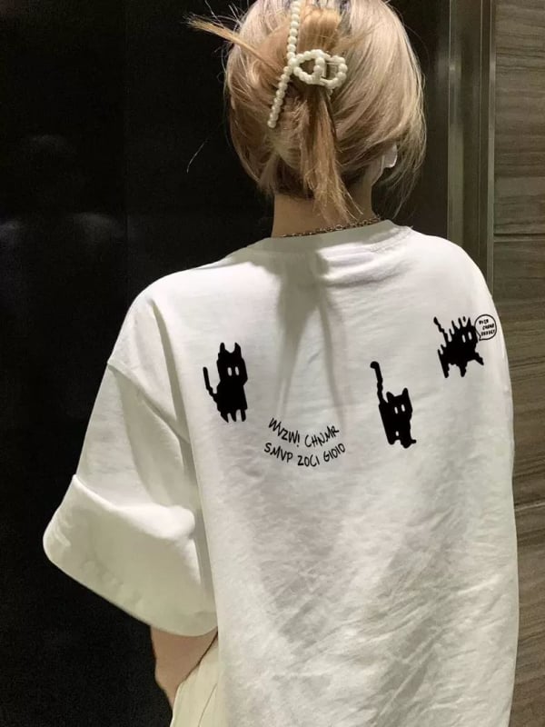 Ženski T-shirt od teškog pamuka s kratkim rukavima, životinjski print, opušteni kroj, američki stil, srednja duljina, ljeto 2025