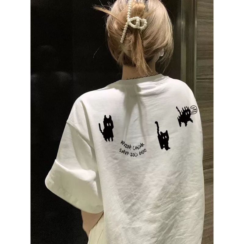 Ženski T-shirt od teškog pamuka s kratkim rukavima, životinjski print, opušteni kroj, američki stil, srednja duljina, ljeto 2025