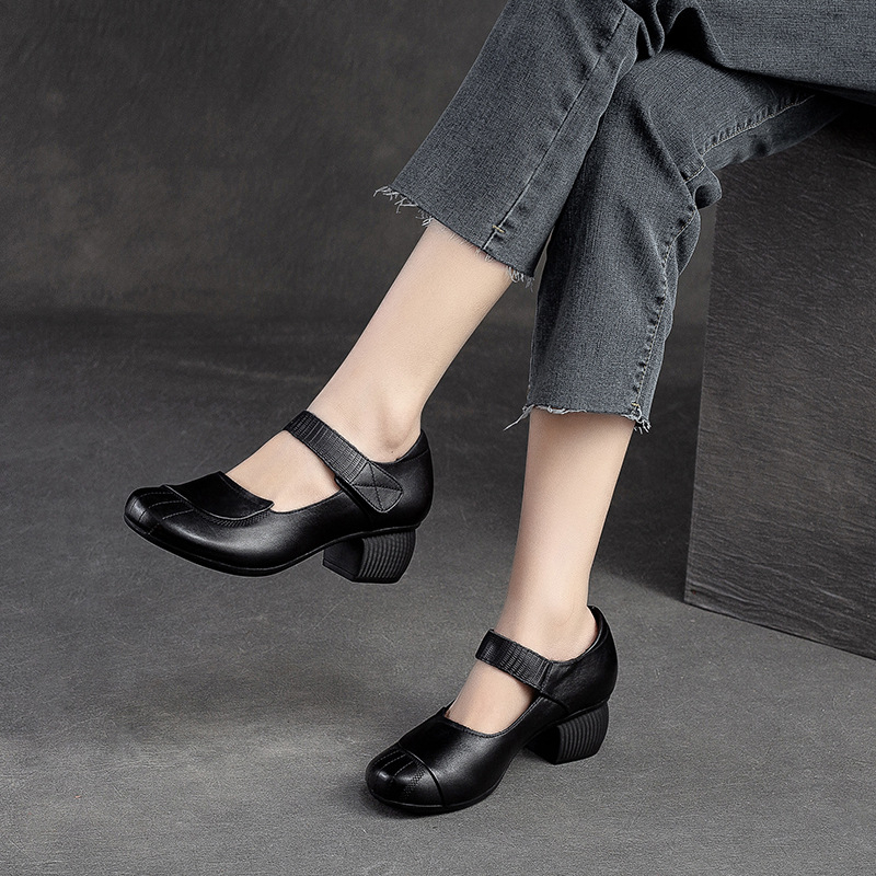 Ženske kožne cipele s Velcro zatvaračem, retro stil, srednja peta 3–5 cm, okrugli zaobljen vrh, gornji dio od prave kože, udoban svakodnevni model