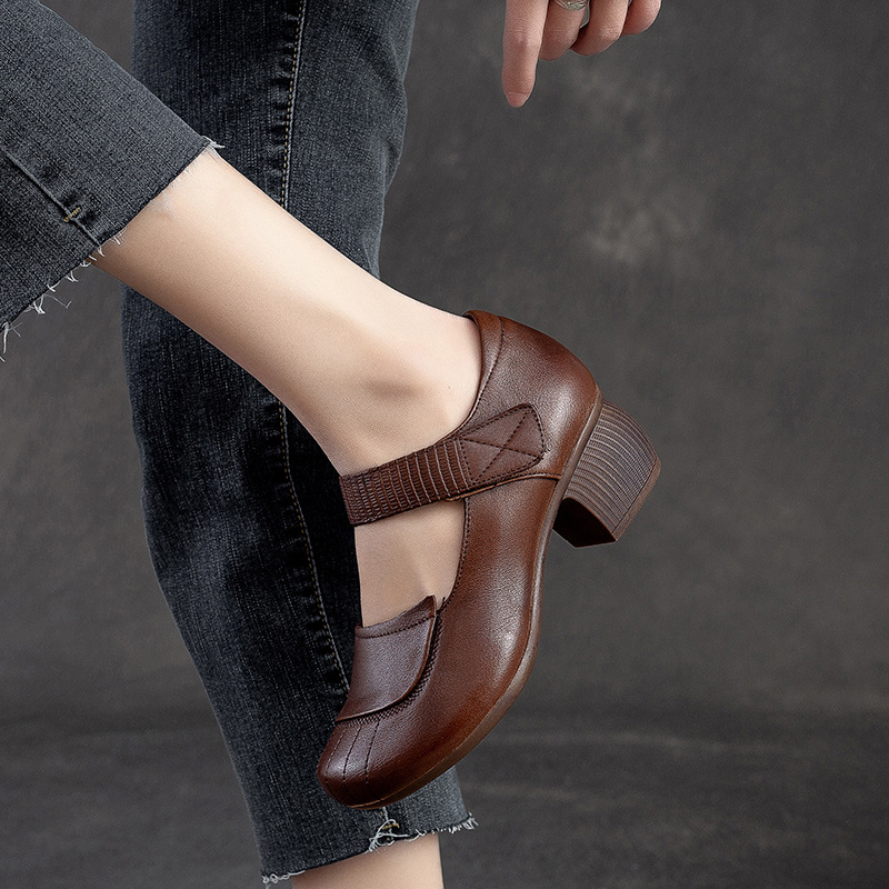 Ženske kožne cipele s Velcro zatvaračem, retro stil, srednja peta 3–5 cm, okrugli zaobljen vrh, gornji dio od prave kože, udoban svakodnevni model