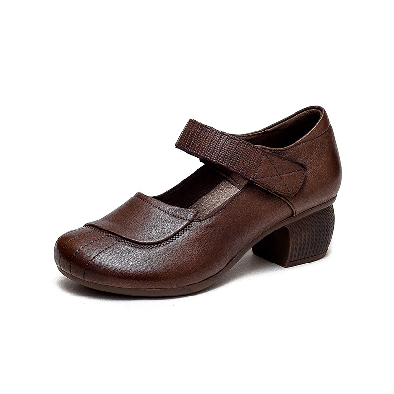 Ženske kožne cipele s Velcro zatvaračem, retro stil, srednja peta 3–5 cm, okrugli zaobljen vrh, gornji dio od prave kože, udoban svakodnevni model