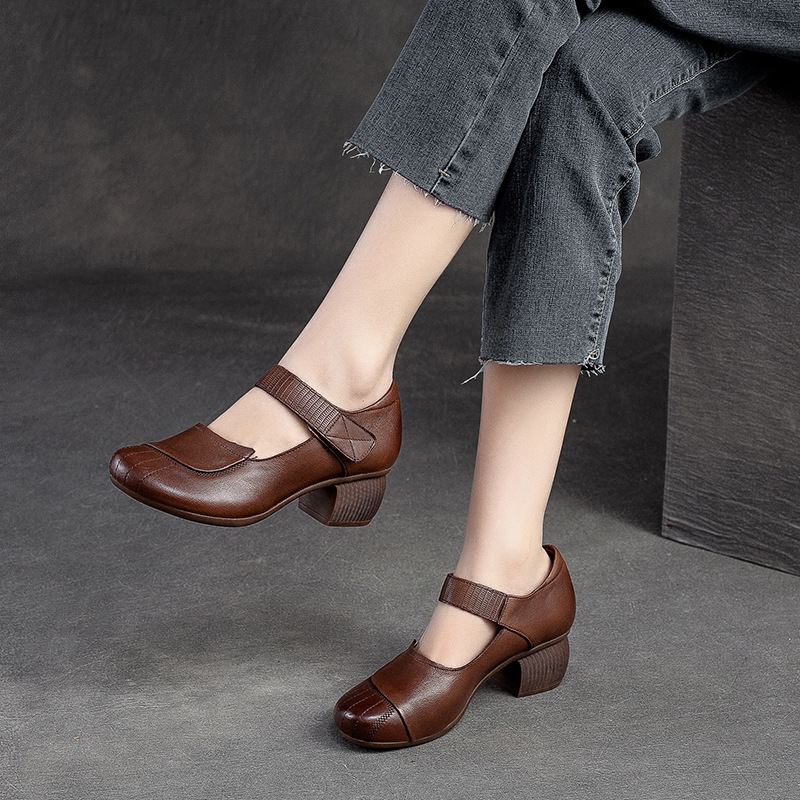 Ženske kožne cipele s Velcro zatvaračem, retro stil, srednja peta 3–5 cm, okrugli zaobljen vrh, gornji dio od prave kože, udoban svakodnevni model