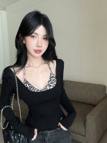 Dvodijelni set s leopard uzorkom halter vrh i dugi rukavi