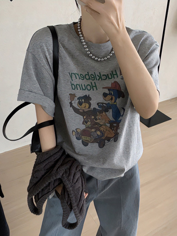 Ženski pamukasti T-shirt kratkih rukava s okruglim izrezom, američki retro stil, ljeto 2024, otisak, svestran, laskav kroj