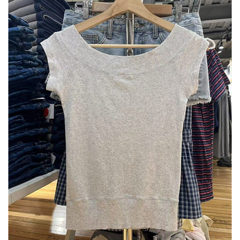 BM stil ženski pamukasti T‑shirt uskog kroja, siva ribana tekstura, okrugli izrez, jedno rame, kratki rukavi, uski kroj, Feifei rukavi, ljetni top