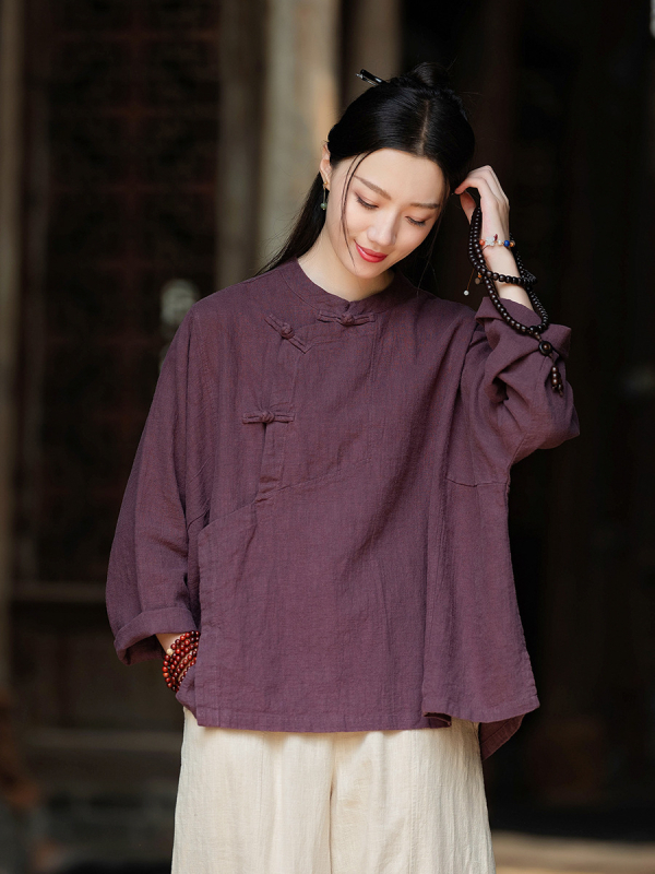 Топ от рамие и лен с диагонално закопчаване и стояща яка, дамска риза в дзен стил, пясъчно пране