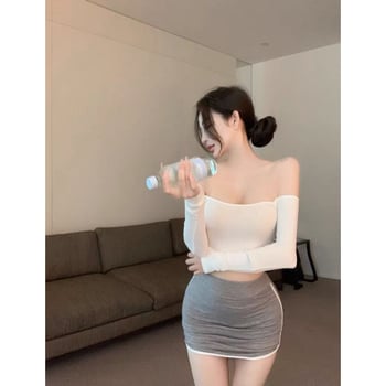 2025 Crop-top s ramena (off-shoulder) bijela, ženski temeljni T-shirt s dugim rukavima za proljeće 2025