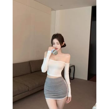 2025 Crop-top s ramena (off-shoulder) bijela, ženski temeljni T-shirt s dugim rukavima za proljeće 2025