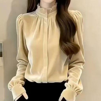 Elegantna ženska bluza od baršuna s dugim rukavima, stojeći ovratnik, volan na rubu, unutarnja slojevita bluza, francuski stil, suptilan dojam luksuza