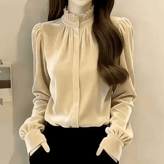 Elegantna ženska bluza od baršuna s dugim rukavima, stojeći ovratnik, volan na rubu, unutarnja slojevita bluza, francuski stil, suptilan dojam luksuza