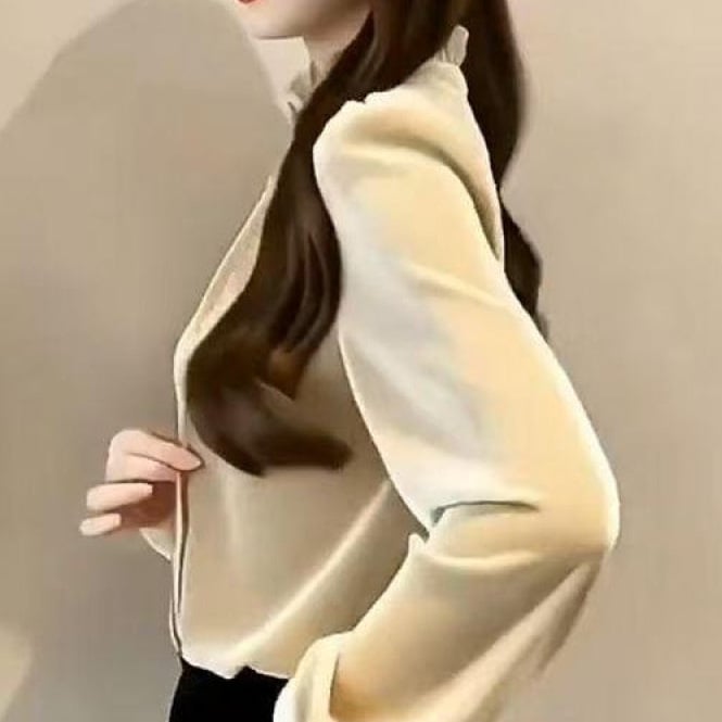 Elegantna ženska bluza od baršuna s dugim rukavima, stojeći ovratnik, volan na rubu, unutarnja slojevita bluza, francuski stil, suptilan dojam luksuza