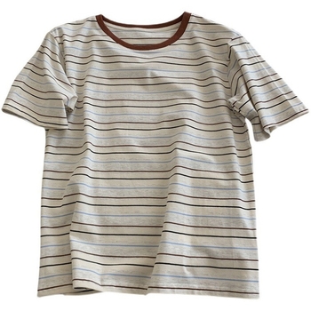 Žensko retro T-shirt s prugama i blok boja, slobodan kroj, kratki rukavi, pamuk-elastan smjesa, ljetni stil, hongkonški stil