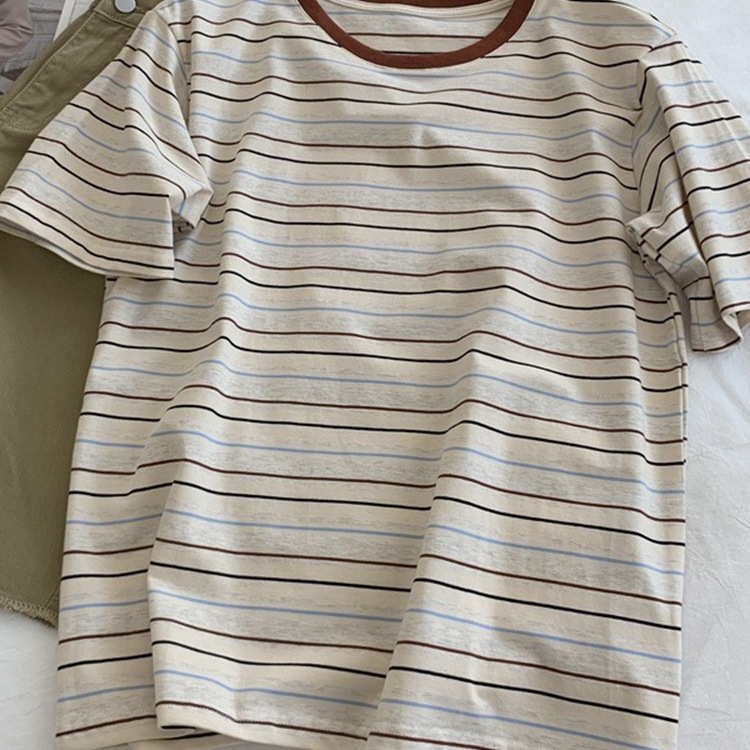Žensko retro T-shirt s prugama i blok boja, slobodan kroj, kratki rukavi, pamuk-elastan smjesa, ljetni stil, hongkonški stil