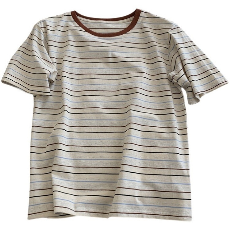 Žensko retro T-shirt s prugama i blok boja, slobodan kroj, kratki rukavi, pamuk-elastan smjesa, ljetni stil, hongkonški stil
