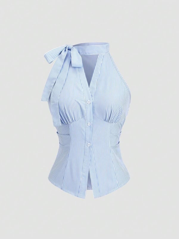 Ženski halter top s prugama, bez rukava, kratki ljetni komad, francuski nadahnut dizajn, vizualno sužava struk