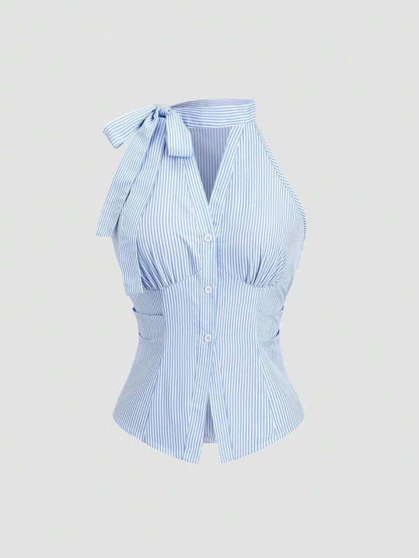 Ženski halter top s prugama, bez rukava, kratki ljetni komad, francuski nadahnut dizajn, vizualno sužava struk