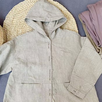 Ženski kapuljača top za zaštitu od sunca s cvjetnom izvezenom, retro casual stil, dugi rukav, tkanina od konoplje i lana