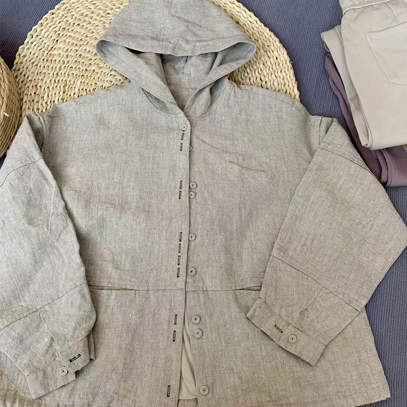 Ženski kapuljača top za zaštitu od sunca s cvjetnom izvezenom, retro casual stil, dugi rukav, tkanina od konoplje i lana