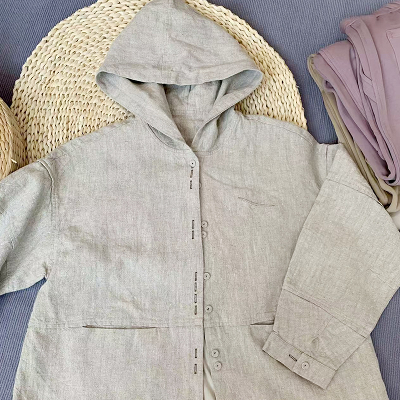 Ženski kapuljača top za zaštitu od sunca s cvjetnom izvezenom, retro casual stil, dugi rukav, tkanina od konoplje i lana