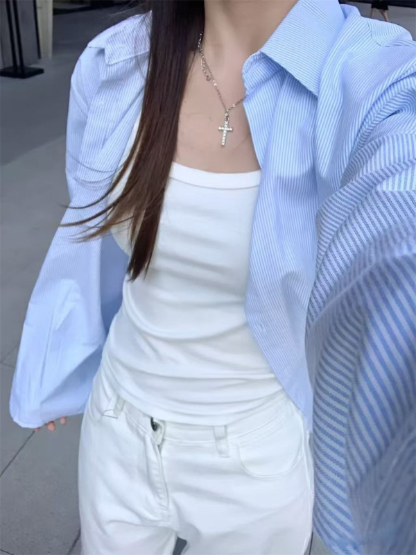 Ženska plava prugasta košulja-jakna za proljeće i jesen, korejski stil, širok kroj, dugi rukavi, casual slojeviti top
