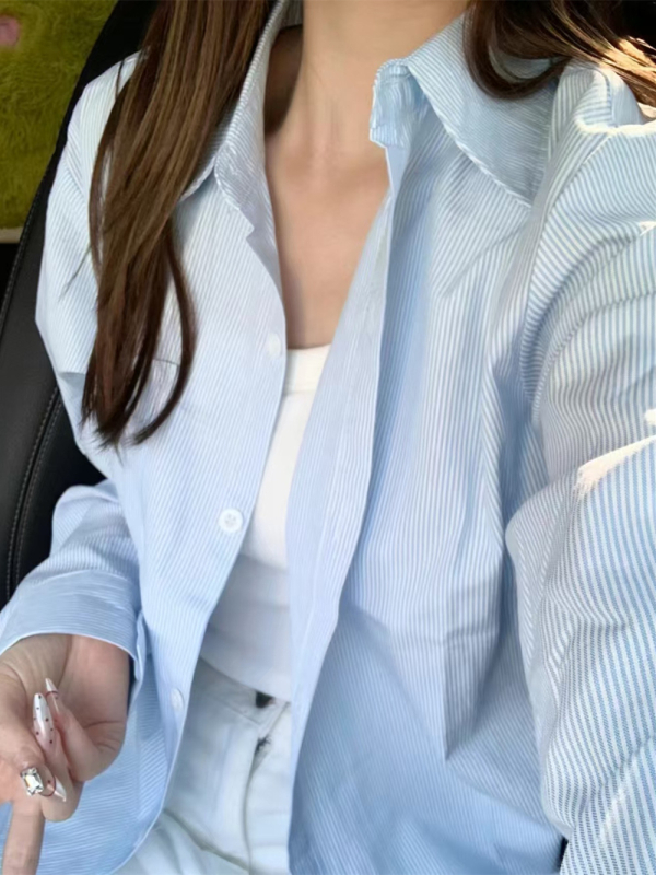 Ženska plava prugasta košulja-jakna za proljeće i jesen, korejski stil, širok kroj, dugi rukavi, casual slojeviti top