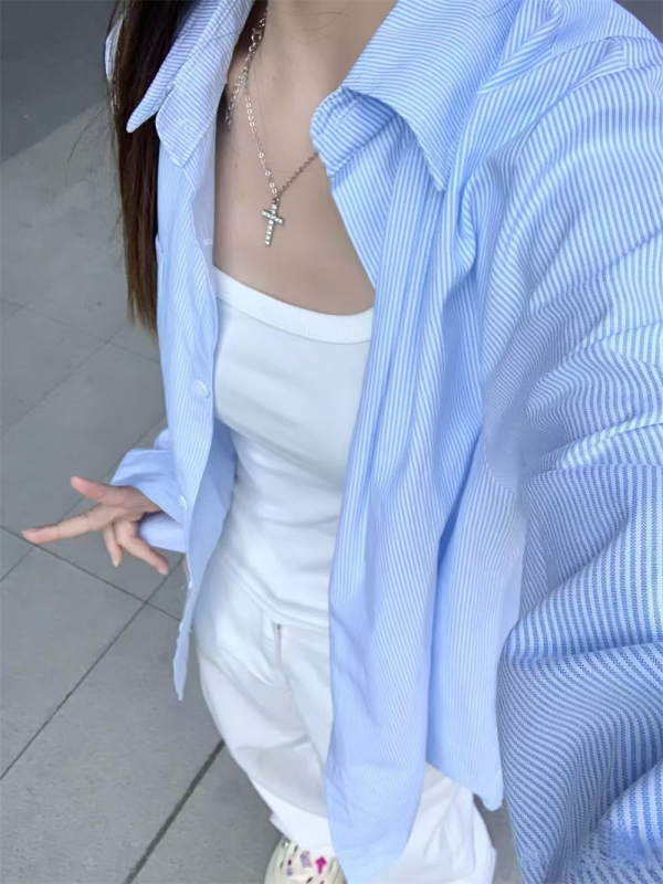 Ženska plava prugasta košulja-jakna za proljeće i jesen, korejski stil, širok kroj, dugi rukavi, casual slojeviti top