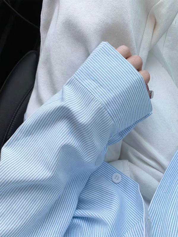 Ženska plava prugasta košulja-jakna za proljeće i jesen, korejski stil, širok kroj, dugi rukavi, casual slojeviti top