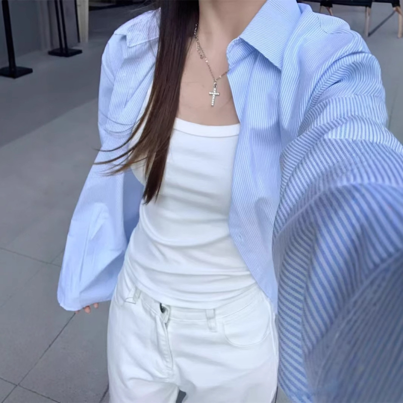 Ženska plava prugasta košulja-jakna za proljeće i jesen, korejski stil, širok kroj, dugi rukavi, casual slojeviti top
