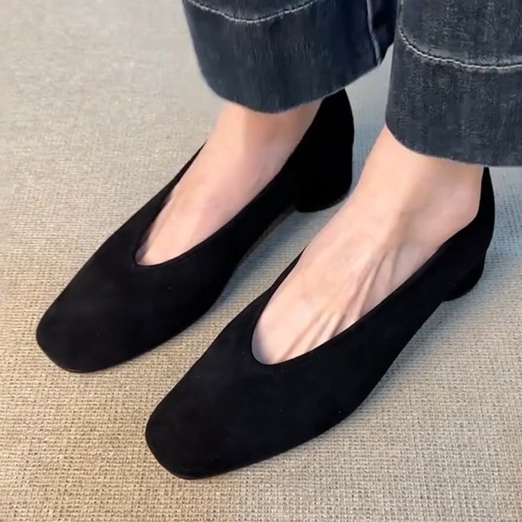 Verzija od ovčje kože – francuski stil, minimalistički dizajn, četvrtasti vrh, debeli pet, slip-on ženske cipele