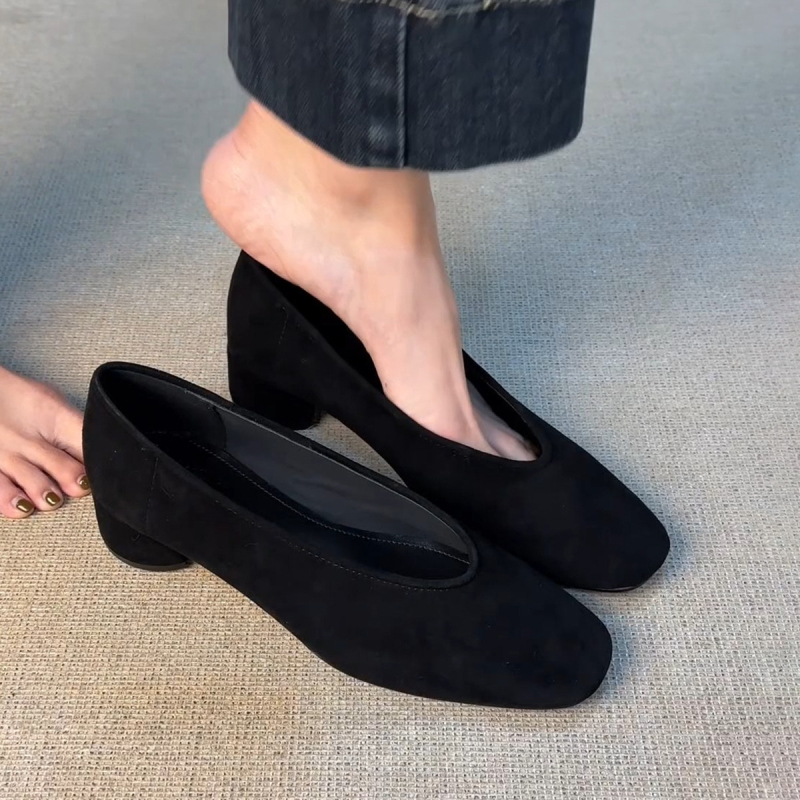 Verzija od ovčje kože – francuski stil, minimalistički dizajn, četvrtasti vrh, debeli pet, slip-on ženske cipele