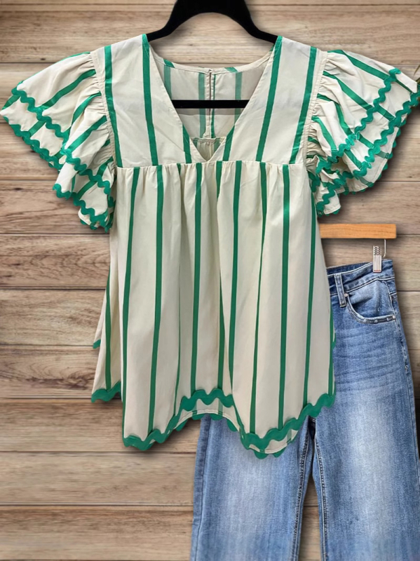Ženska prugasta košulja za proljeće i ljeto, slobodan kroj, Feifei rukavi, V-izrez, casual retro stil