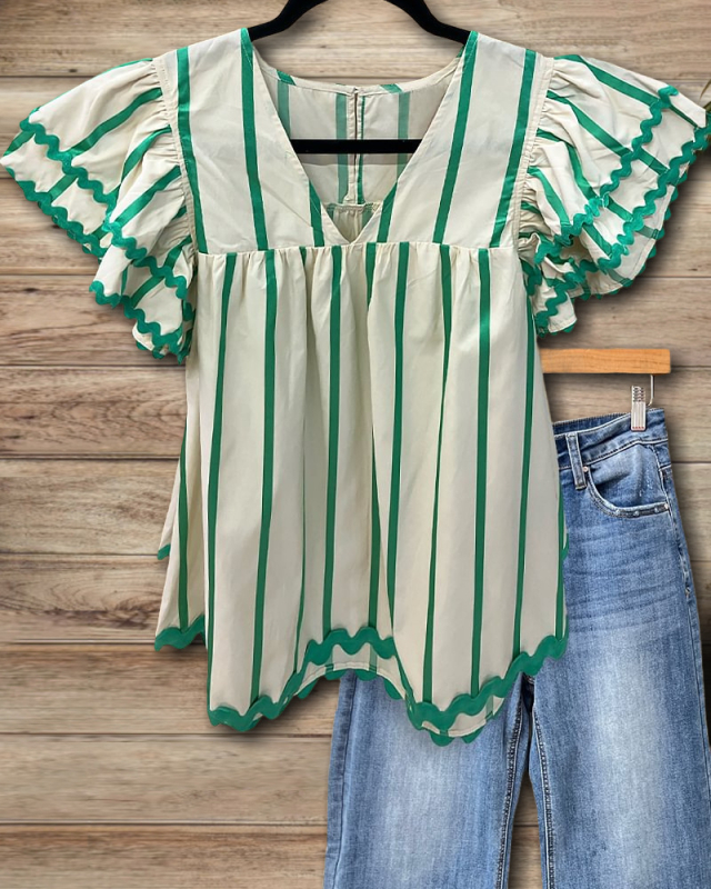 Ženska prugasta košulja za proljeće i ljeto, slobodan kroj, Feifei rukavi, V-izrez, casual retro stil