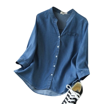 Ženska lagana denim košulja s V-izrezom i rukavima 3/4, opuštene krojenje, korejski stil, mekan casual top za proljeće i ljeto