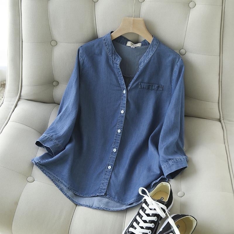 Ženska lagana denim košulja s V-izrezom i rukavima 3/4, opuštene krojenje, korejski stil, mekan casual top za proljeće i ljeto