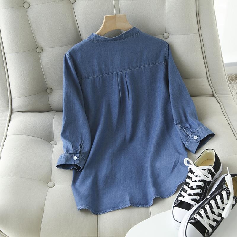 Ženska lagana denim košulja s V-izrezom i rukavima 3/4, opuštene krojenje, korejski stil, mekan casual top za proljeće i ljeto