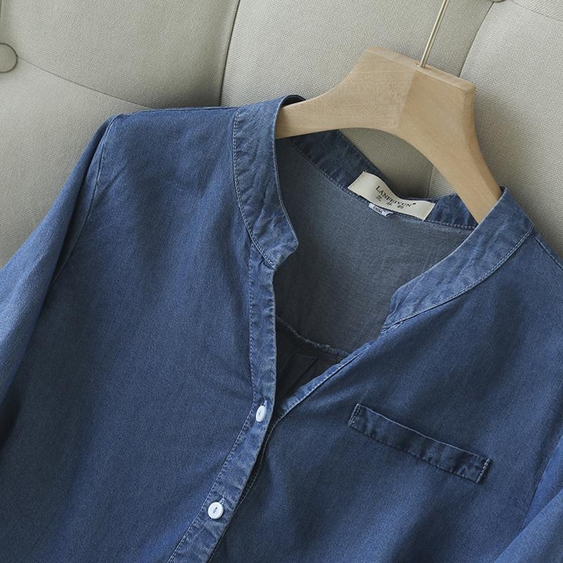 Ženska lagana denim košulja s V-izrezom i rukavima 3/4, opuštene krojenje, korejski stil, mekan casual top za proljeće i ljeto