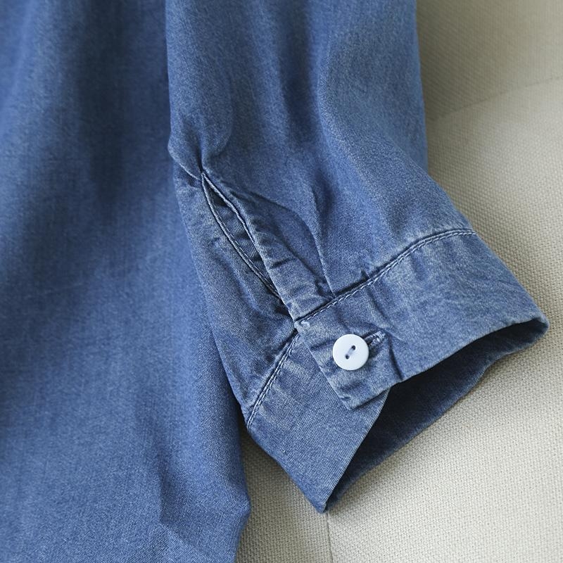 Ženska lagana denim košulja s V-izrezom i rukavima 3/4, opuštene krojenje, korejski stil, mekan casual top za proljeće i ljeto