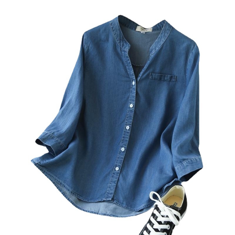 Ženska lagana denim košulja s V-izrezom i rukavima 3/4, opuštene krojenje, korejski stil, mekan casual top za proljeće i ljeto