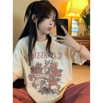 Ženski T-shirt u američkom ulično-stilu, ljeto, opuštena oversize silueta, tisak ruža