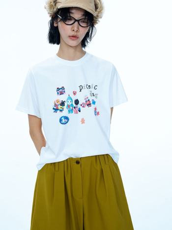 Ženski pamukasti T-shirt s brušenom teksturom, retro otisak, okrugli izrez, kratki rukavi, svestran casual top V9791
