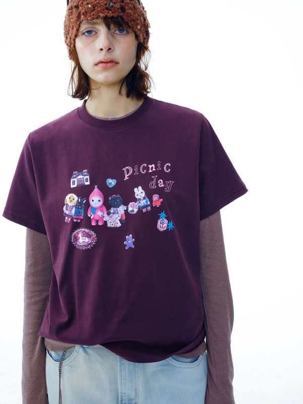 Ženski pamukasti T-shirt s brušenom teksturom, retro otisak, okrugli izrez, kratki rukavi, svestran casual top V9791