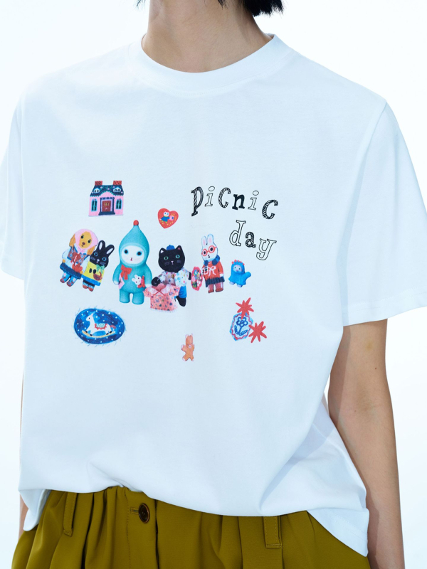 Ženski pamukasti T-shirt s brušenom teksturom, retro otisak, okrugli izrez, kratki rukavi, svestran casual top V9791