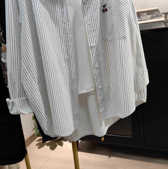 Ženska ljetna košulja s retro izvezenim prugama, udoban široki kroj, dugi rukavi, casual i svestrana